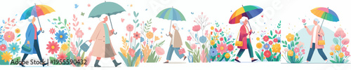 vector grandmother walking with umbrella in spring