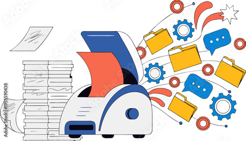 Modern Office Scanner Digitizing Paper into Colorful Data Icons, Financial Coins and Gears Transformation, Sleek Paperless Workflow Illustration on Transparent Background