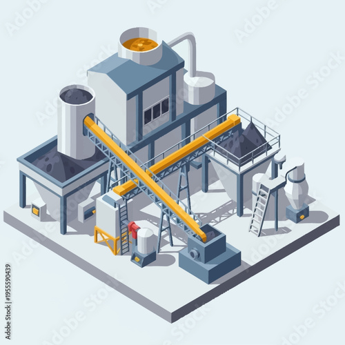 Isometric Industrial Plant with Conveyor Belts and Processing Units.
