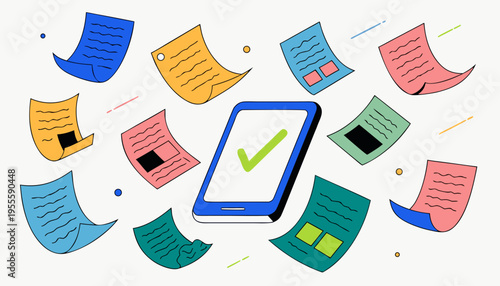 Digital Completion Concept with Glowing Checkmark on Tablet, Falling Paper Documents Vector Illustration, Sustainable Paperless Office and Task Management Success