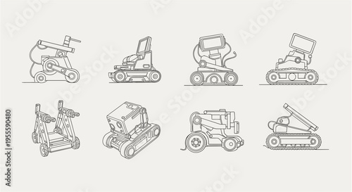 Collection of eight different robotic devices and machines on wheels and tracks