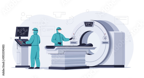 Medical team operating CT scanner for patient diagnosis in modern clinic, advanced technology