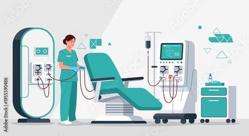 Medical Technician Operating Dialysis Machine in Modern Clinic