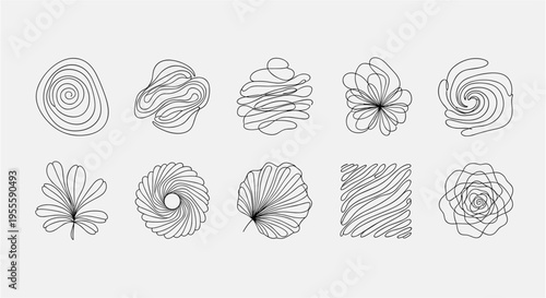 Collection of ten abstract organic shapes and floral elements in continuous line art style