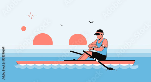 Man rowing boat on water at sunrise with abstract suns and heartbeat
