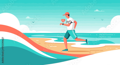 Man running on beach with heart rate monitor, healthy lifestyle, summer fitness