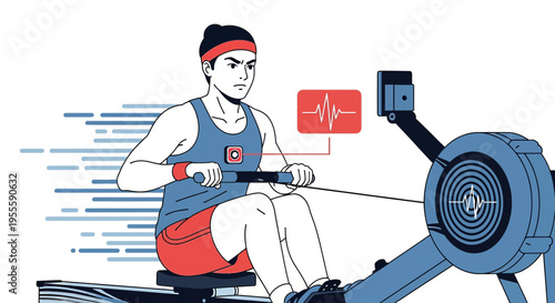 Man rowing machine, heart rate monitor, fitness tracking, exercise, healthy lifestyle