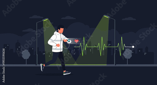 Man running at night with smartwatch displaying heart rate and city skyline