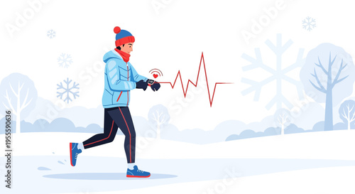 Man running in snow with smartwatch tracking heart rate, winter fitness concept