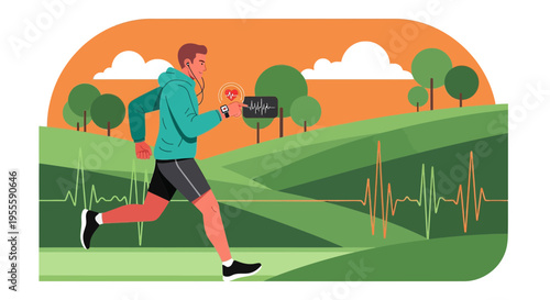 Man running outdoors with smartwatch tracking fitness and heart rate, healthy lifestyle