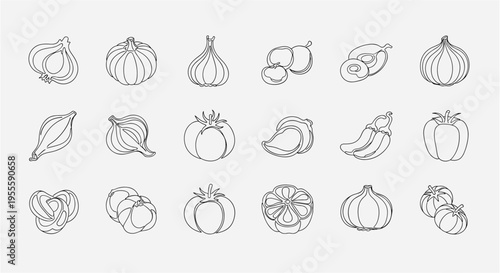 Collection of line art icons representing various vegetables and fruits for healthy eating
