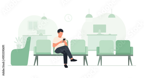 Man sitting in waiting room using smartphone, modern office reception area, calm atmosphere