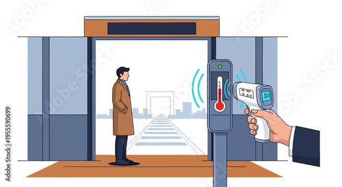 Man screened for fever with infrared thermometer at building entrance, health check