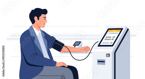 Man using automated blood pressure monitor kiosk in modern clinic or pharmacy