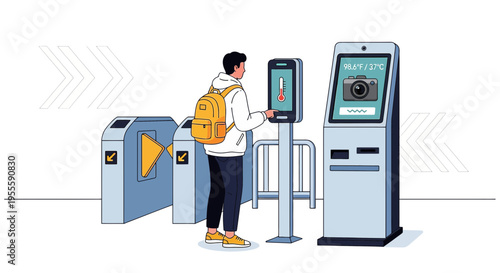 Man using contactless temperature scanner and turnstile for entry control