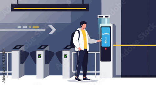 Man using contactless payment at subway turnstile for public transport travel