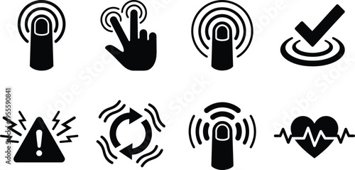 Haptic Feedback and Touch Vibration Icons Set for UI UX Design, Featuring Mobile Gestures, Alert Notifications, Success Feedback, and Heart Rate Monitor for Smartphone and Wearable Interface