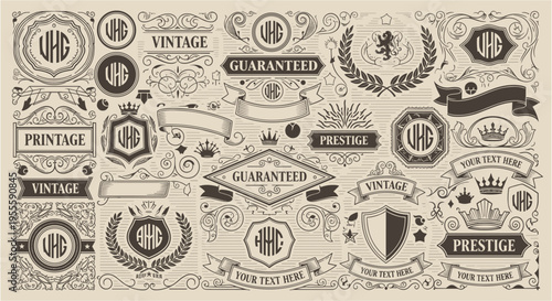 Collection of vintage ornamental design elements and badges with monograms and text placeholders
