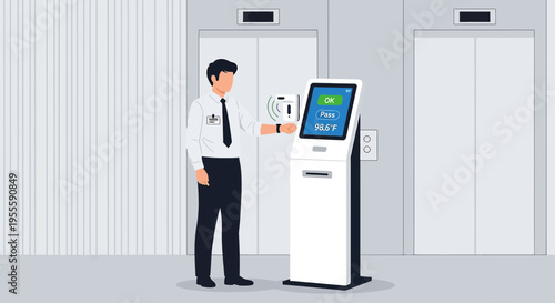 Man using contactless temperature scanner kiosk with elevator in background