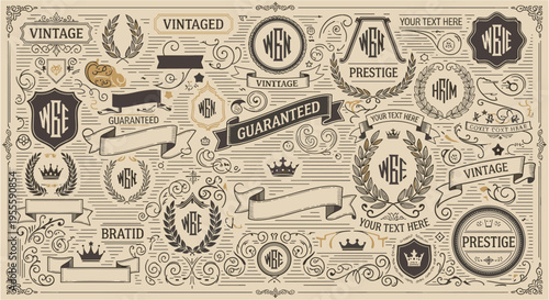 Collection of vintage emblems, badges, and ribbons with monograms and crowns