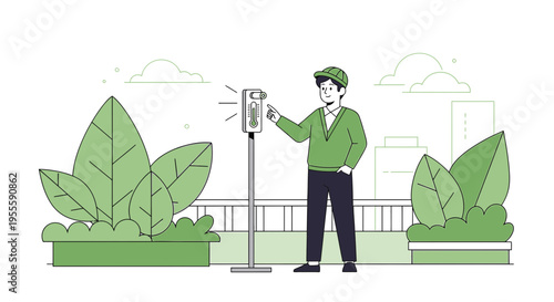 Man using contactless thermometer for temperature check outdoors, health screening concept