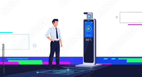 Man using contactless thermal scanner for temperature check at entrance, modern technology