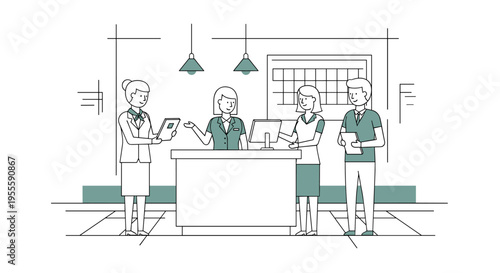 Diverse team members collaborating at a modern reception desk with technology and a calendar