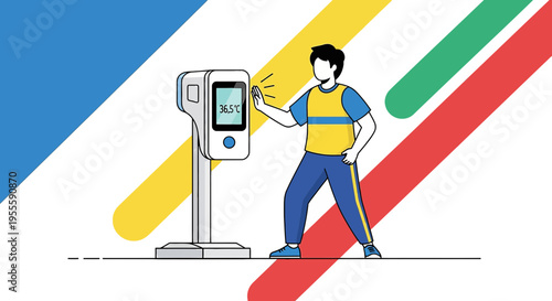 Man using contactless thermometer for temperature check, health screening, pandemic prevention