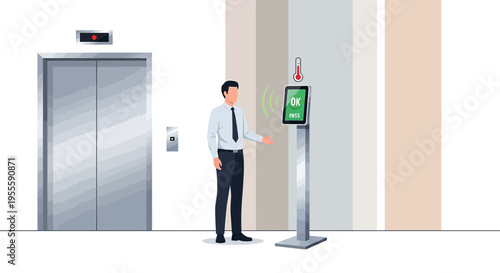 Man using contactless thermometer kiosk for temperature check at office building entrance