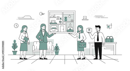 Business professionals presenting a floor plan and camera for real estate or design projects