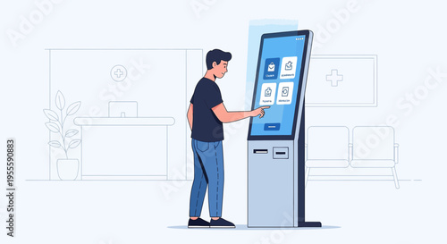 Man using digital kiosk in modern reception area for check-in or information