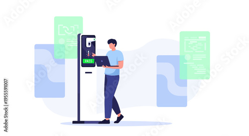 Man using laptop at self-service kiosk with digital interface and data screens