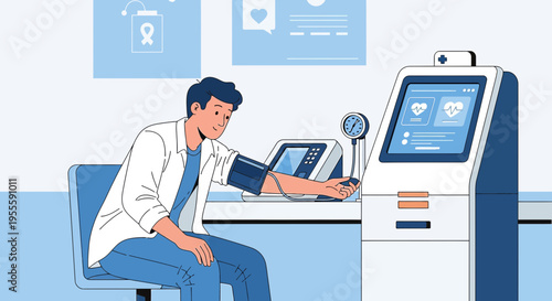 Man using medical kiosk for blood pressure check, modern healthcare technology concept