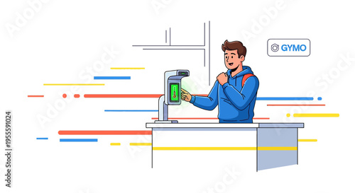 Man using modern facial recognition scanner at checkout counter for payment or access