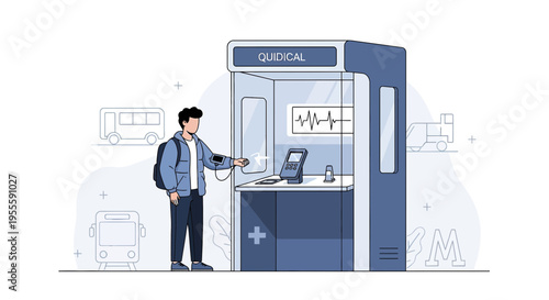 Man using public health kiosk for vital signs check, modern healthcare technology
