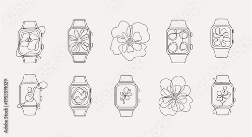 Minimalist line art of smartwatches with floral designs and standalone flowers