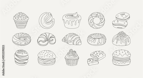 Collection of delicious pastries and baked goods in a clean line art style