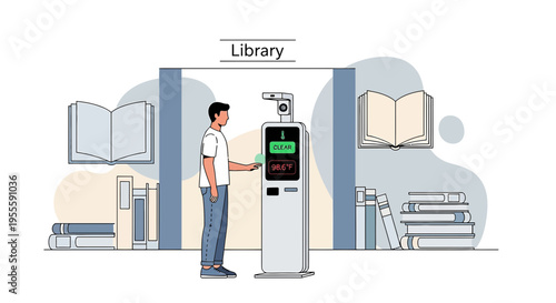 Man using self-checkout kiosk in modern library, technology and education concept