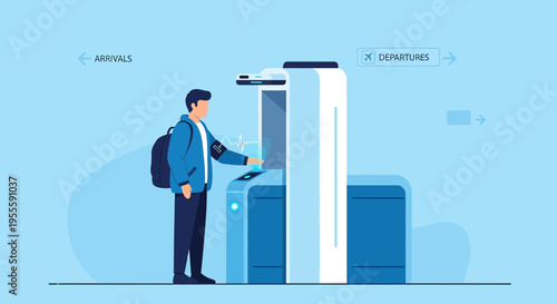 Man using self-service boarding gate at airport for departures, travel concept