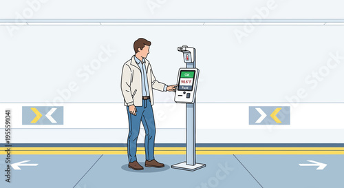 Man using self-service kiosk for contactless payment or check-in at station