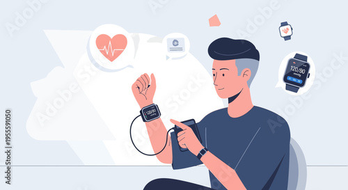 Man using smart blood pressure monitor and smartwatch for health tracking