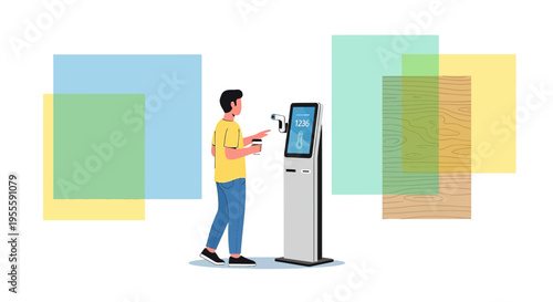 Man Using Self-Service Kiosk for Temperature Check and Payment