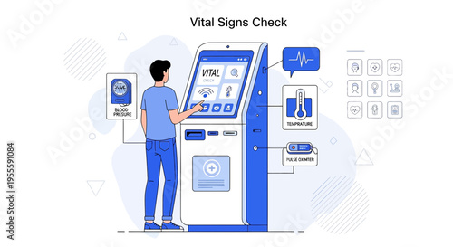 Man Using Smart Kiosk for Vital Signs Check, Health Technology Concept