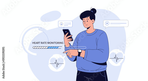 Man using smartphone and smartwatch for heart rate monitoring, health technology concept