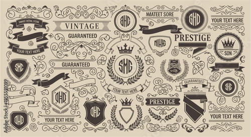 Collection of vintage emblems, badges, ribbons, and ornate decorative elements
