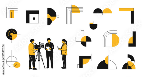 Modern minimalist graphic design elements with people filming and abstract shapes