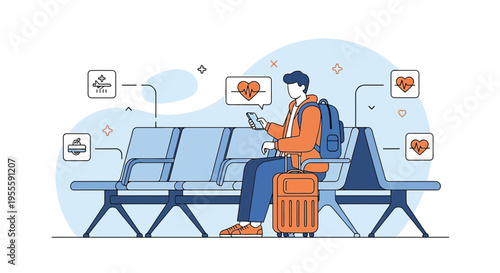 Man waiting at airport with luggage, checking health stats on phone, travel health concept