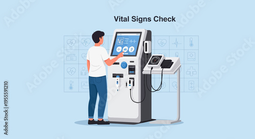 Man using vital signs check kiosk for health monitoring, modern technology in healthcare