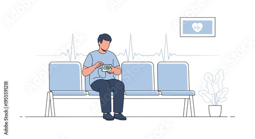 Man waiting in hospital reception with heart monitor and plant