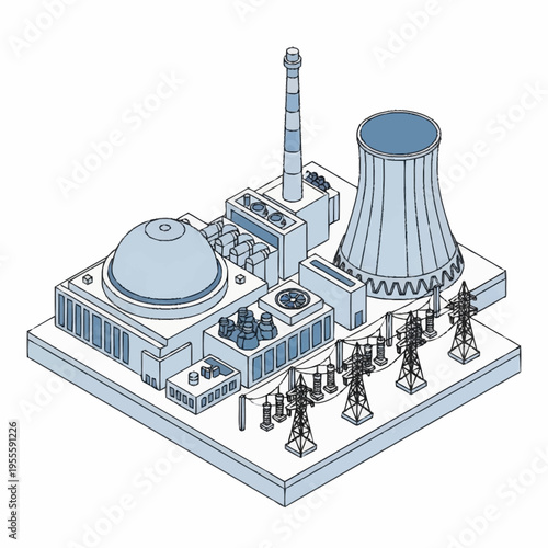 Slika na platnu Isometric Nuclear Power Plant with Cooling Tower and Reactor Building
